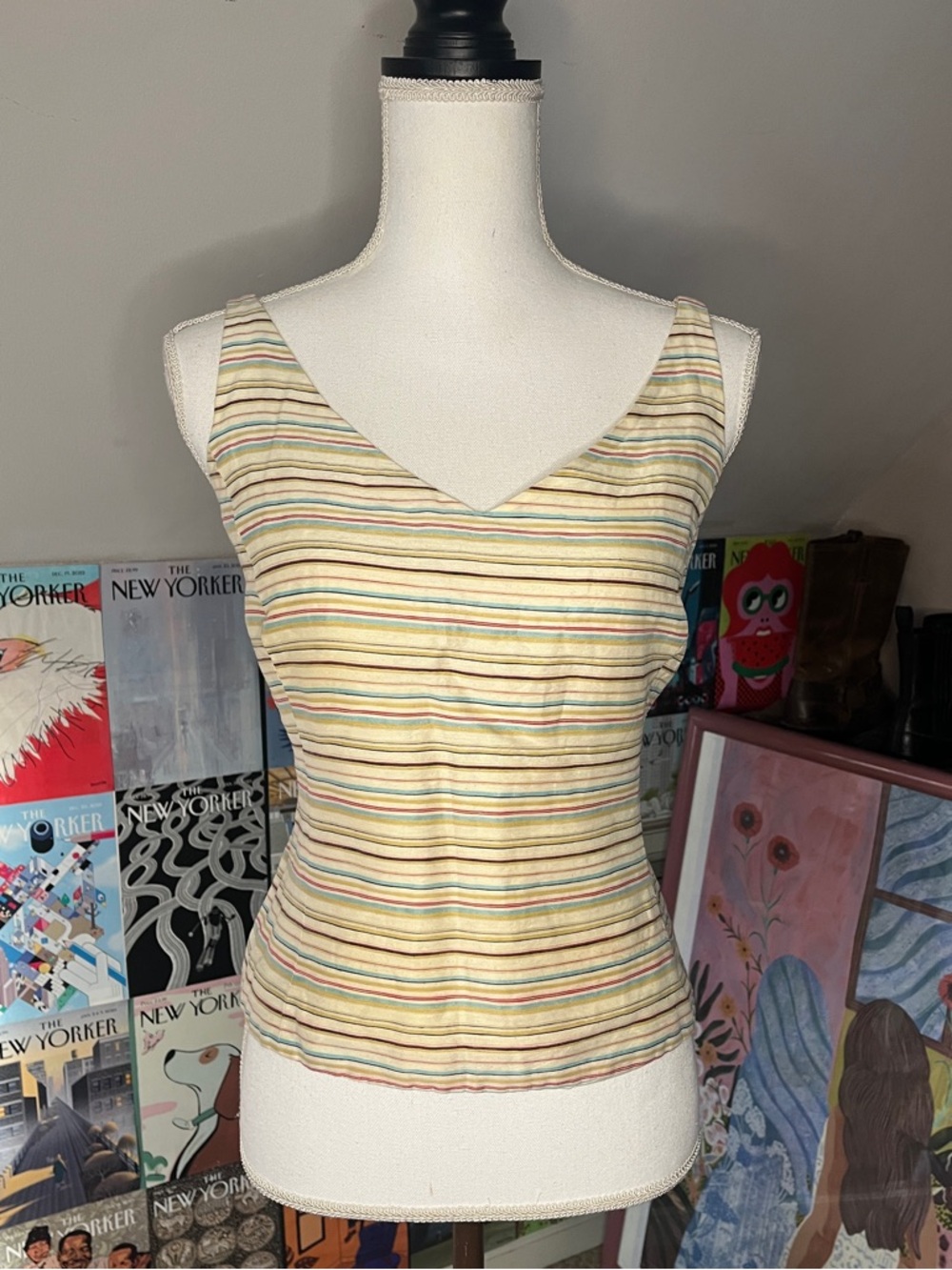Ann Taylor Cream Multicolor Stripe Silk and Linen Tank Top